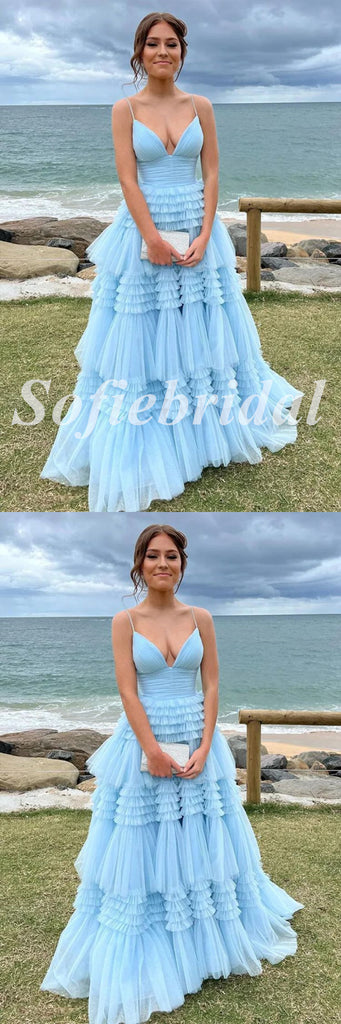 Sexy Tulle Spaghetti Straps V-Neck A-Line Long Prom Dresses, PD0848