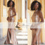 Halter Sequin Beaded Long Mermaid Side Slit Prom Dresses, Sexy Prom Dresses, PD0379