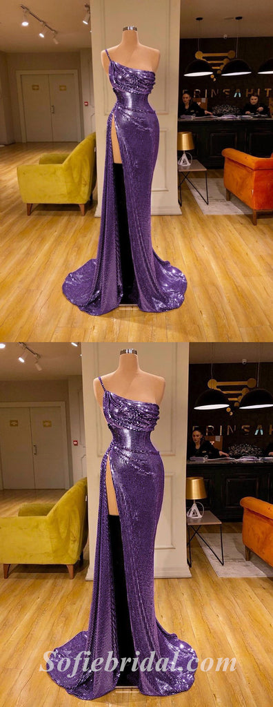Sexy Purple Special Fabric One shoulder Side Slit Mermaid Long Prom Dresses,SFPD0453
