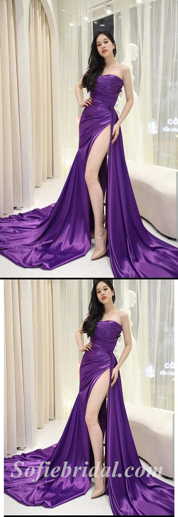 Sexy Purple Satin Sweetheart Sleeveless Side Slit Mermaid Long Prom Dresses ,SFPD0500