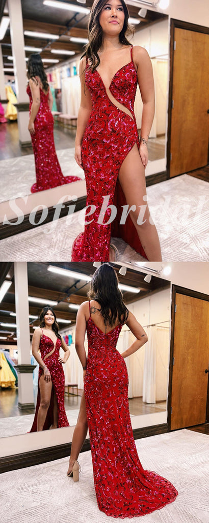 Sexy Spaghetti Straps V-Neck Sleeveless Side Slit Mermaid Long Prom Dresses,PD0745