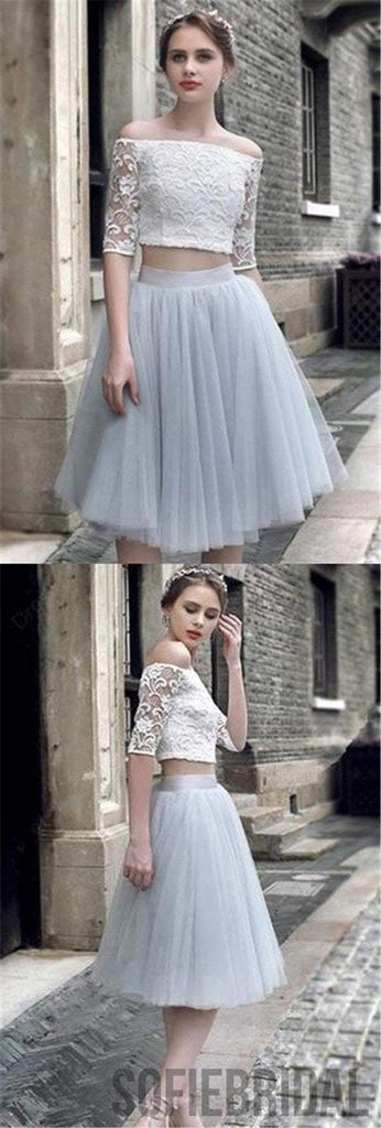 2 pieces Lace Top Half Sleeve Light Grey Tulle Skirt Homecoming Dresses, Popular Homecoming Dresses, SF0087