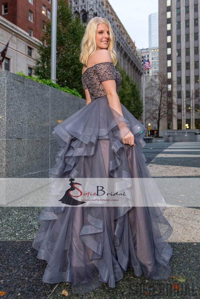 Off Shoulder Dark Grey Beaded Prom Dresses, Organza Prom Dresses, Cheap Prom Dresses, PD0445