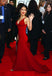 Sheath V-neck Red Elegant Long Prom Dresses With Train, PD1004