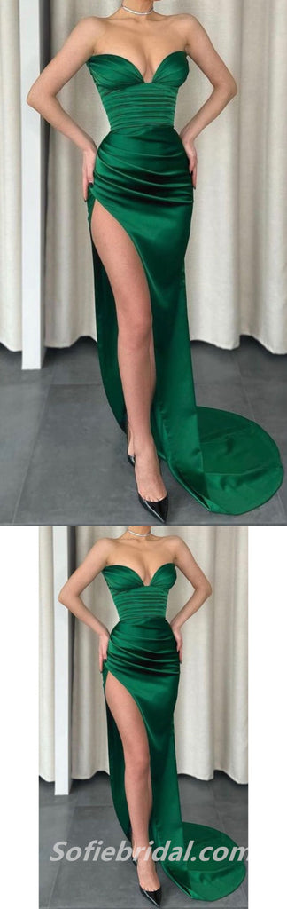 Sexy Satin Sweetheart Sleeveless V-Neck Side Slit Sheath Long Prom Dresses,SFPD0288