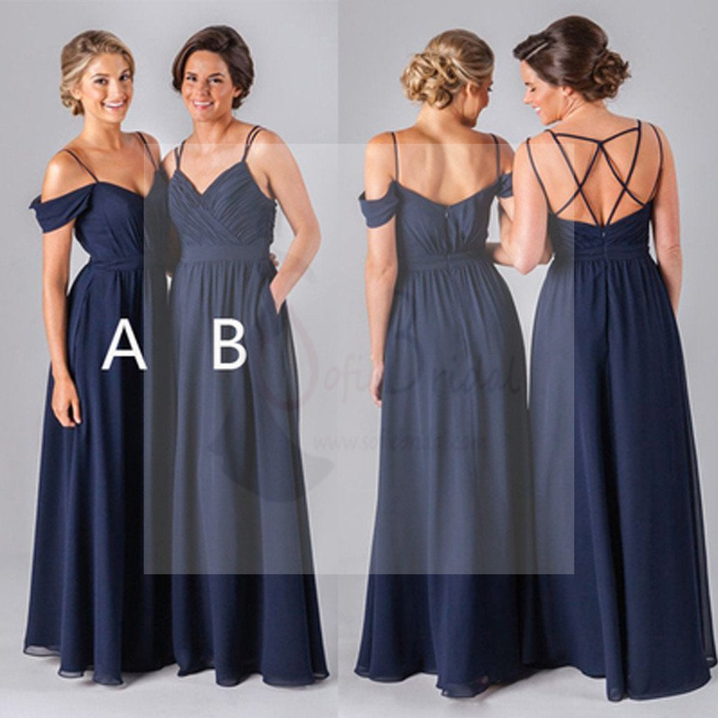 Mismatched Different Styles Chiffon Navy Blue Floor-Length A Line Formal Cheap Sexy Bridesmaid Dresses, WG52