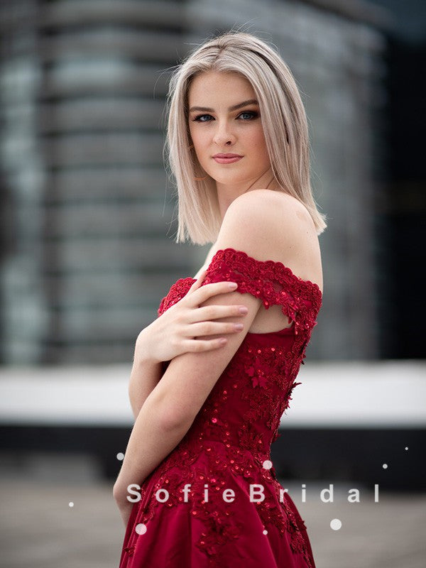 A-Line Off The Shoulder Red Satin Beaded Long Prom Dresses With Lace,SFPD0054