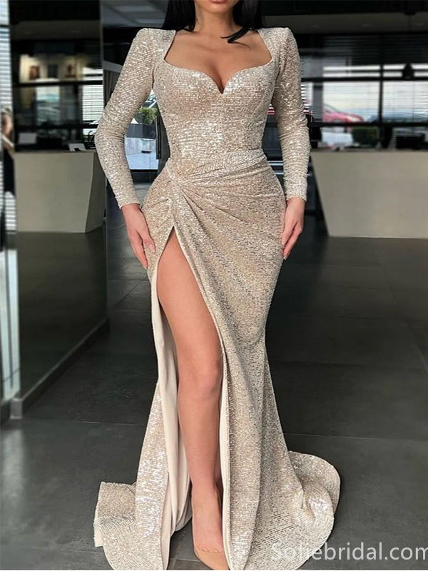 Sparkle Long sleeves Sweetheart Sequin Mermaid High split Prom Dresses,SFPD0200