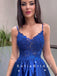 A-Line V-Neck Spaghetti Straps Royal Blue Long Prom Dresses With Lace,SFPD0056