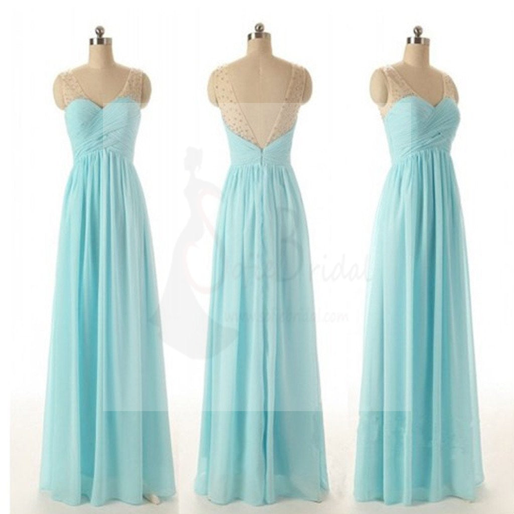 Junior Off Shouler V-neck Blue Chiffon Formal A Line Floor-Length Wedding Party Dresses for Bridesmaid, WG56