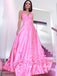 A-Line V-Neck Spaghetti Straps Pink Long Prom Dresses With Flowers,SFPD0058