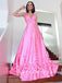 A-Line V-Neck Spaghetti Straps Pink Long Prom Dresses With Flowers,SFPD0058