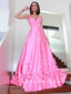 A-Line V-Neck Spaghetti Straps Pink Long Prom Dresses With Flowers,SFPD0058