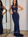 See Through Mermaid Sleeveless Navy Blue Lace Long Prom Dresses With Beading,SFPD0059