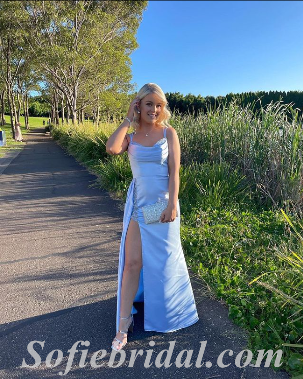 Sexy Blue Satin Spaghetti Straps Sleeveless Side Slit Mermaid Long Prom Dresses,SFPD0527