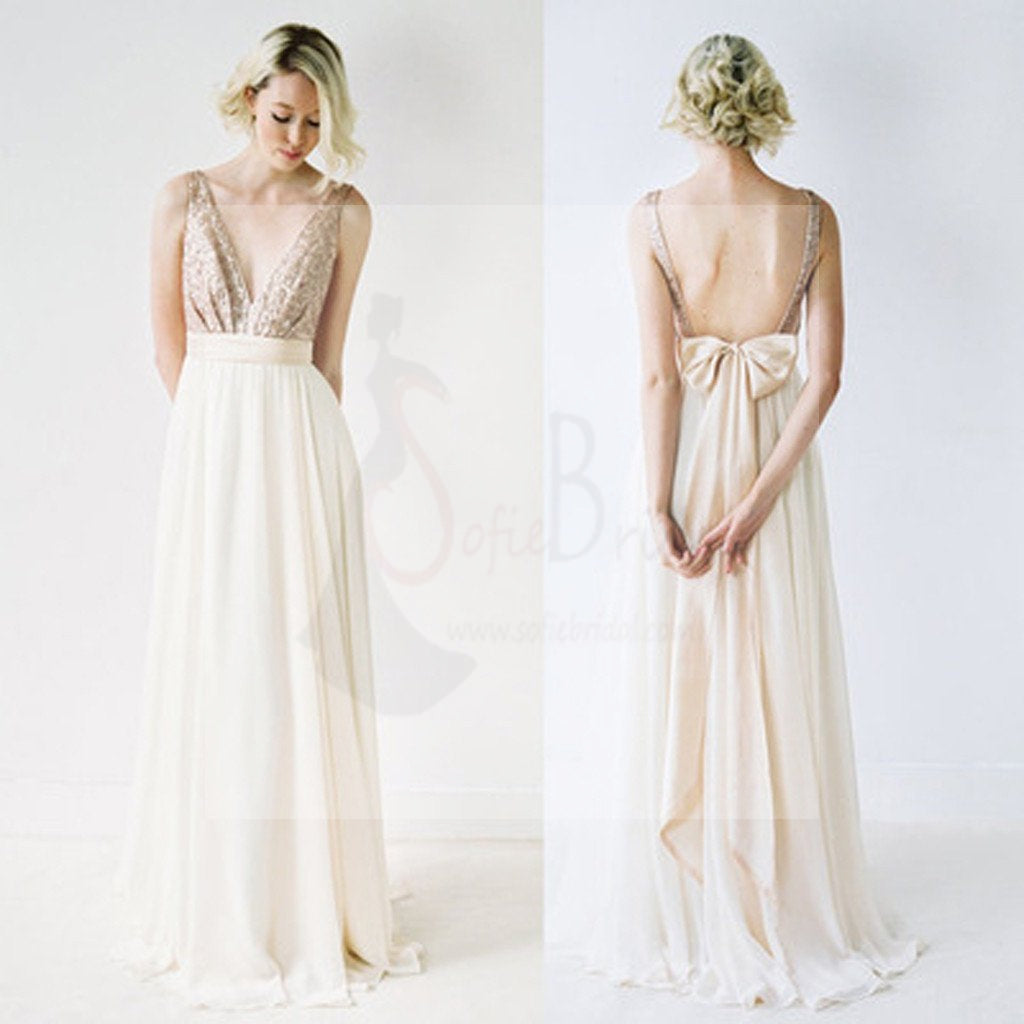 Off Shoulder Top Sequin Prom Dress V-Neck Junior Pretty Long Bridesmaid Dresses with Bow, WG05