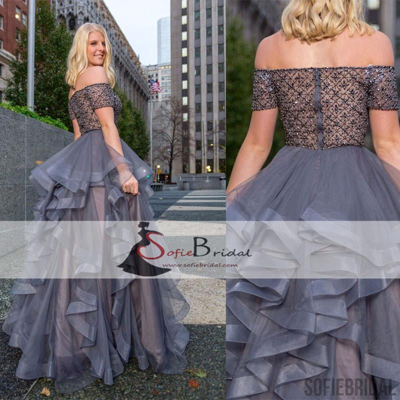 Off Shoulder Dark Grey Beaded Prom Dresses, Organza Prom Dresses, Cheap Prom Dresses, PD0445