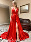 Sexy Red Satin Halter V-Neck Side Slit A-Line Long Prom Dresses With Pockets,SFPD0477