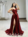 Sexy Burgandy Satin Spaghetti Sptraps Sleeveless Side Slit A-Line Long Prom Dresses,SFPD0508
