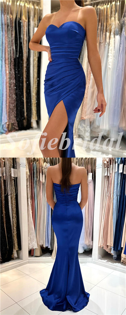 Sexy Royal Blue Satin Sweetheart Sleeveless Side Slit Mermaid Long Prom Dresses,SFPD0689