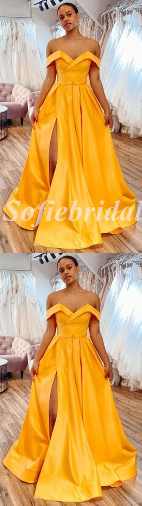 Sexy Satin Off Shoulder V-Neck Sleeveless Side Slit A-Line Long Prom Dresses,PD0772