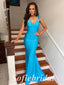 Sexy Satin Spaghetti Straps V-Neck Sleeveless Mermaid Long Prom Dresses With Feather, PD0841