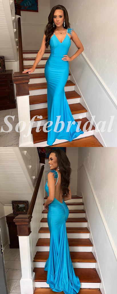 Sexy Satin Spaghetti Straps V-Neck Sleeveless Mermaid Long Prom Dresses With Feather, PD0841