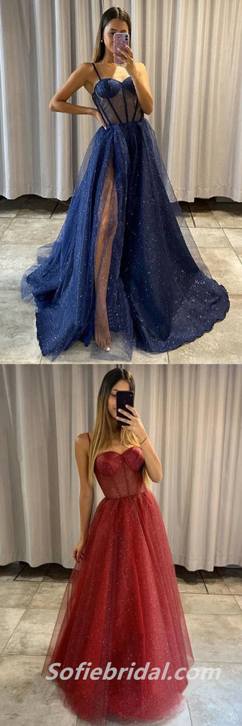 Sexy Sequin Tulle Spaghetti Straps Sleeveless Side Slit A-Line Long Prom Dresses,SFPD0297