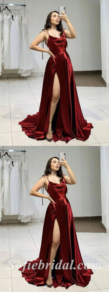 Sexy Burgandy Satin Spaghetti Sptraps Sleeveless Side Slit A-Line Long Prom Dresses,SFPD0508