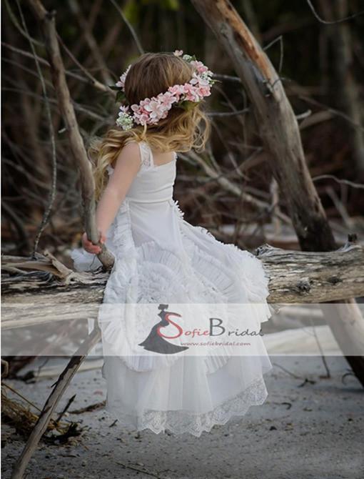 White Tulle Lace Strap Lovely Floral Flower Girl Dresses, Popular Flower Girl Dresses, FG084