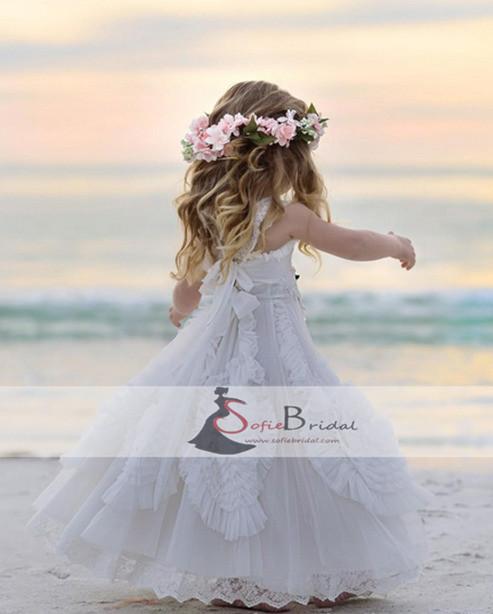 White Tulle Lace Strap Lovely Floral Flower Girl Dresses, Popular Flower Girl Dresses, FG084