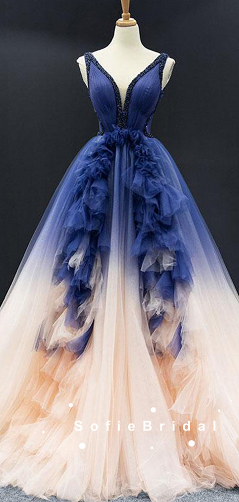 A-Line V-Neck Sleeveless Ombre Tulle Long Prom Dresses With Beading,SFPD0062
