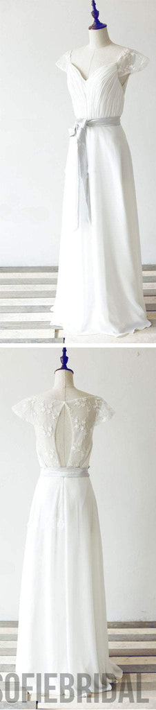 Simple Long A-line White Chiffon Wedding Party Dresses, Cap Sleeve Lace Bridal Gown, WD0062