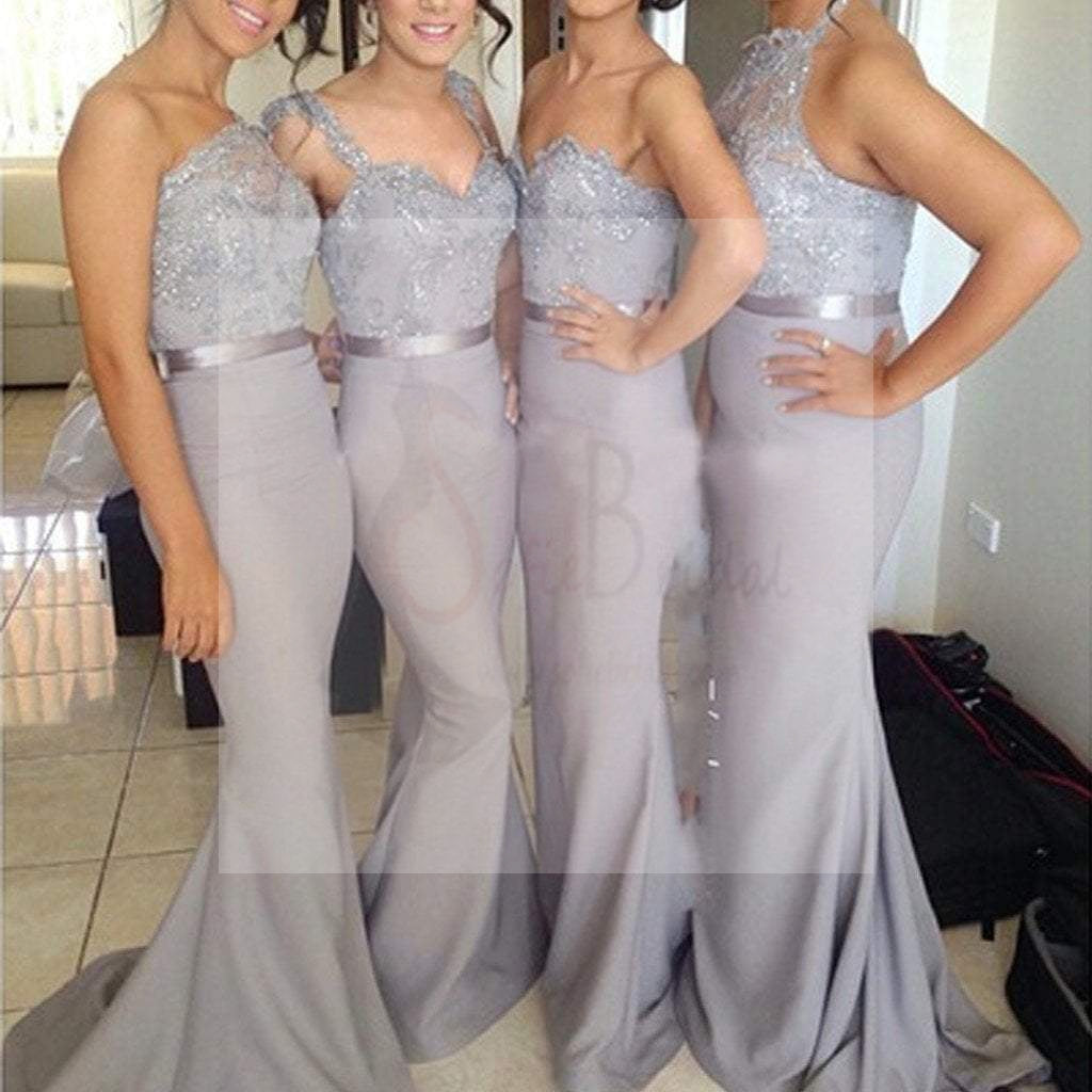 Popular Four Differnt Styles Mismatched Lace Grey Sexy Mermaid Long Bridesmaid Dresses, WG62