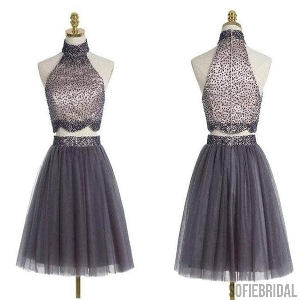Popular grey halter two pieces beaded vintage unique style homecoming prom gowns dress,BD0062