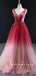A-Line V-Neck Sleeveless Red Ombre Tulle Cheap Prom Dresses With Beading,SFPD0063