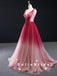A-Line V-Neck Sleeveless Red Ombre Tulle Cheap Prom Dresses With Beading,SFPD0063