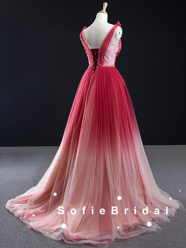 A-Line V-Neck Sleeveless Red Ombre Tulle Cheap Prom Dresses With Beading,SFPD0063