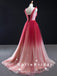 A-Line V-Neck Sleeveless Red Ombre Tulle Cheap Prom Dresses With Beading,SFPD0063