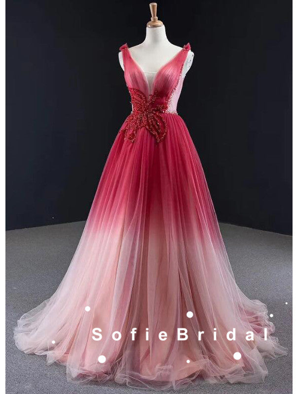 A-Line V-Neck Sleeveless Red Ombre Tulle Cheap Prom Dresses With Beading,SFPD0063