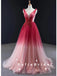 A-Line V-Neck Sleeveless Red Ombre Tulle Cheap Prom Dresses With Beading,SFPD0063