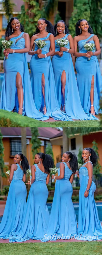 Elegant Crepe One Shoulder Side Slit Floor Length Mermaid Bridesmaid Dresses With Lace, SFWG00443