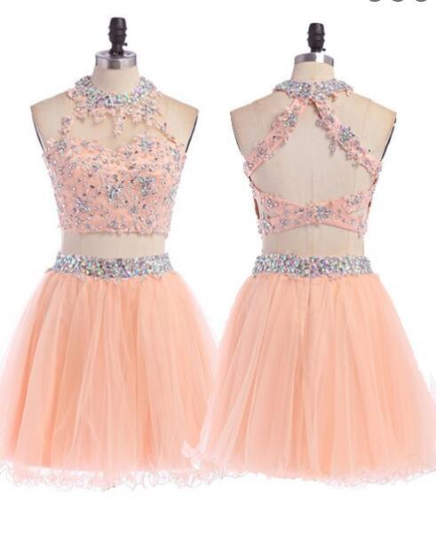 Sexy Two pieces Peach Halter Lace Tulle Homecoming Dresses, SF0026
