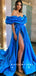 A-Line Off The Shoulder Royal Blue Split Side Cheap Long Prom Dresses With Ruffles,SFPD0068