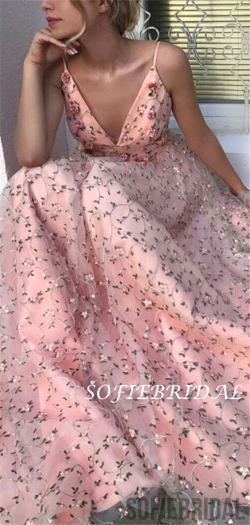 A-line Spaghetti Straps V-neck Long Tulle Embroidery Prom Dresses, PD1027
