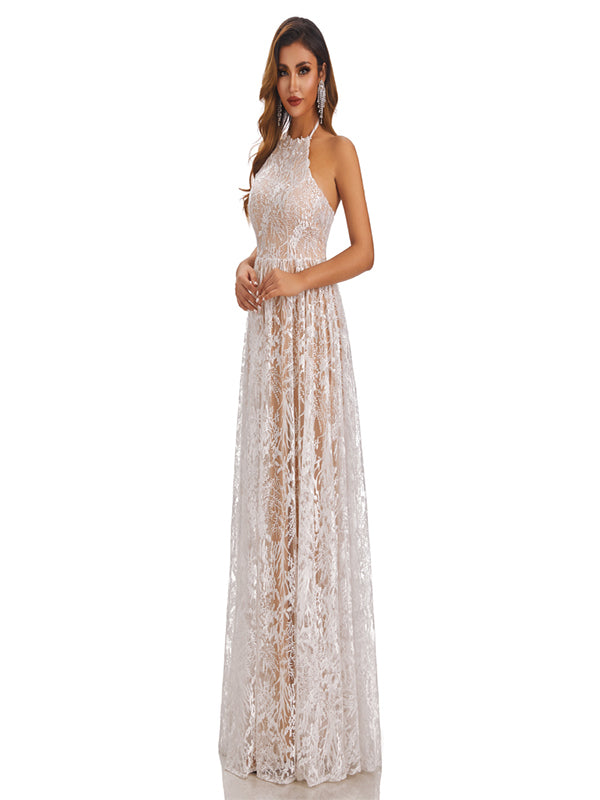 A-Line Lace High Neck Off Shoulder Lace Up Elegant Wedding Dresses,SFWD0051