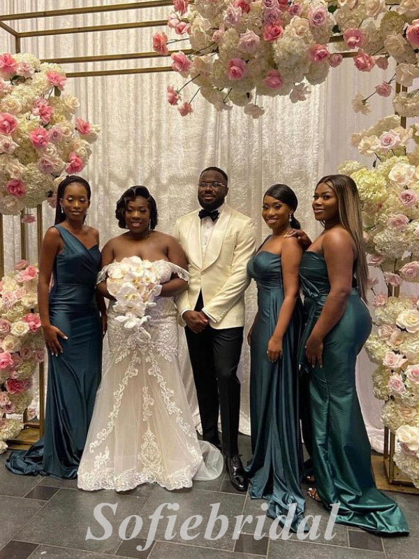 Sexy Soft Satin One Shoulder Mermaid Floor Length Bridesmaid Dressses With Trailing,SFWG00490