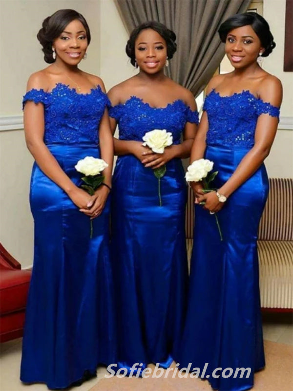 Royal Blue Soft Satin Off Shoulder Mermaid Floor Length Bridesmaid Dressses With Applique, SFWG00447