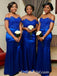 Royal Blue Soft Satin Off Shoulder Mermaid Floor Length Bridesmaid Dressses With Applique, SFWG00447