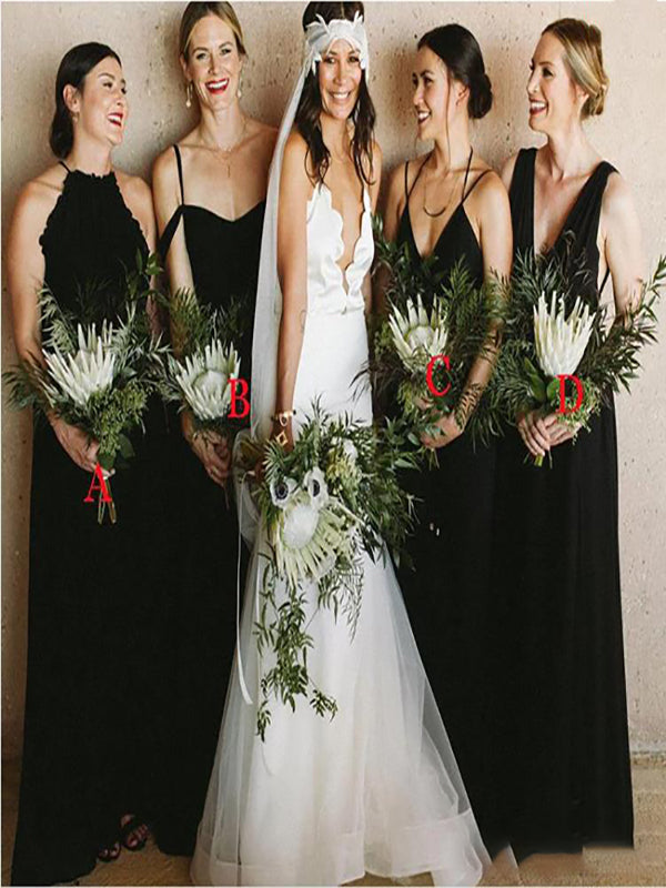 Mismatched Black Off Shoulder A-line Beautiful Long Bridesmaid Dresses, SFWG00424